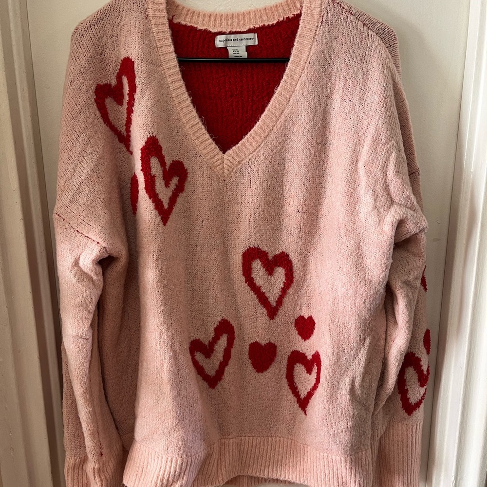 Cupcakes & Cashmere Pink and Red Heart Crew Neck Sweater